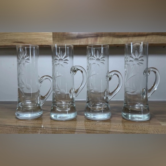 Source Unknown Other - Vintage Etched Floral Hand Blown Shot Cordial Glasses Handles Set of 4, 4" Tall